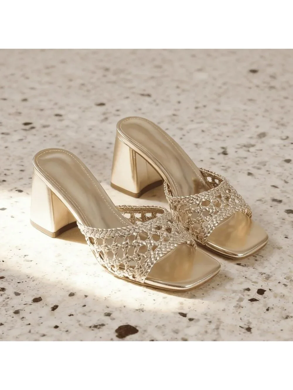 Women's Gold Summer Slip On Square Open Toe Mules Chunky Stylish Heeled Sandals